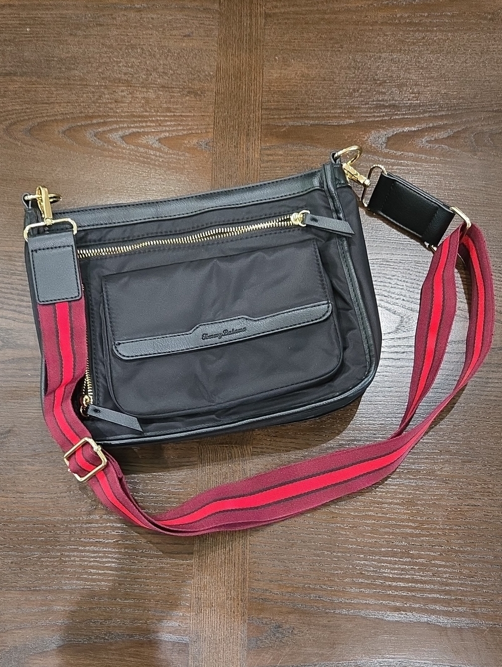 Tommy Bahama Black Messenger Bag with Red and Pink Stripe Strap
